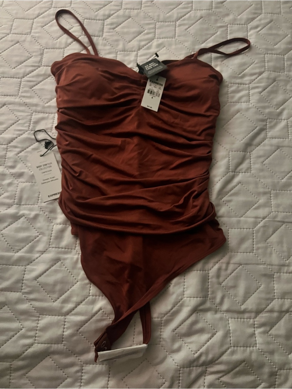 Express Brown Ruched Spaghetti-Strap Bodysuit - Picture 2 of 5